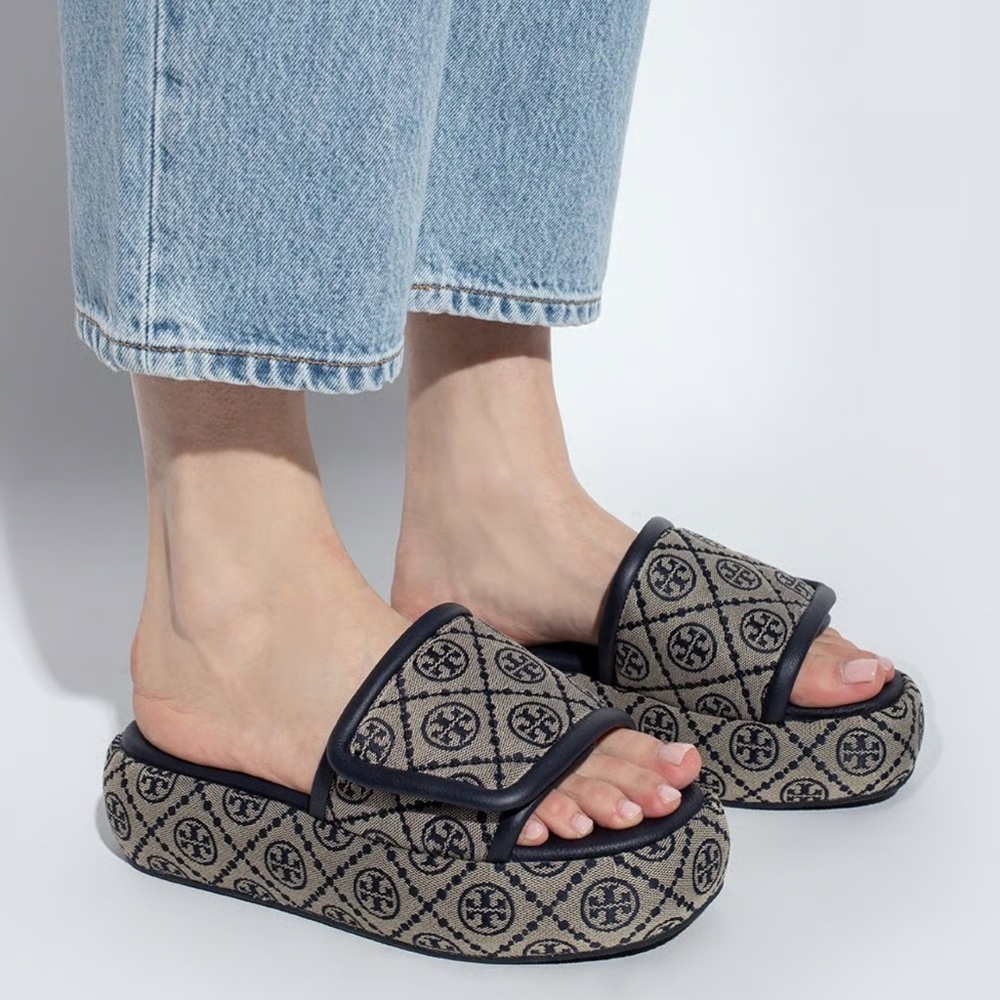 Tory Burch T Monogram Jacquard Bubble Slides in Hazel & Navy 6.5